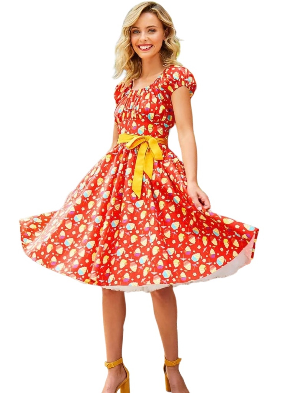 NWT Authentic Disney Dole Whip Pineapple Swirl Dress w/ Yellow Belt & Pockets, S